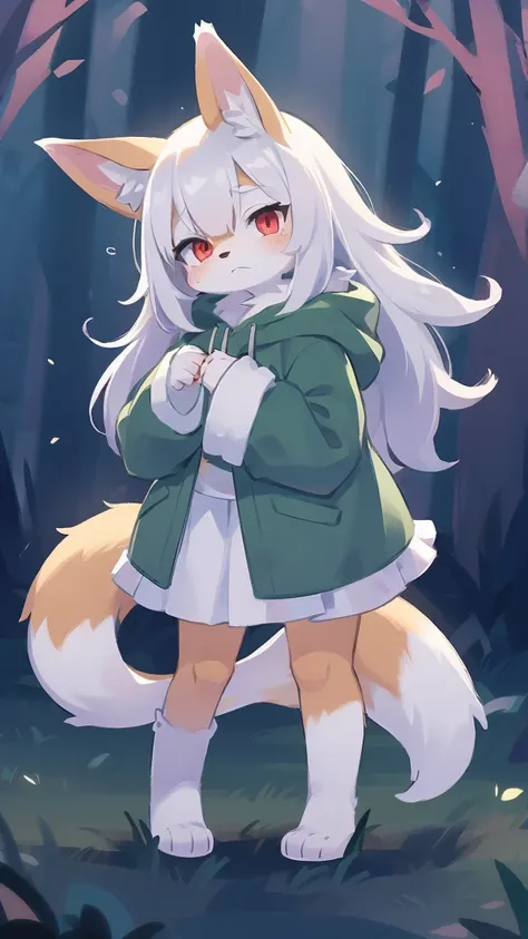 Rori the fox, was hairy, shaggy, skin fur, smooth lashes, white fur, forelimb hands, straight long white hair, solid circle eyes, fox ears, white facial fur, shiny hair, red eyes, super cute face, 1 dragon tail, fluffy tail, furry tail, glowing eyes, green...