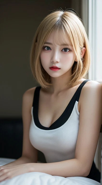 Tabletop, highest quality, figure, Super detailed, In detail, High resolution, In 8K,wallpaper, Perfect dynamic composition, Beautiful fine details, White Tank Top,Short Bob Hair、Blonde,Big Natural Color Lip, Bold sexy pose,Expressionless、Cold Stare,Haraju...