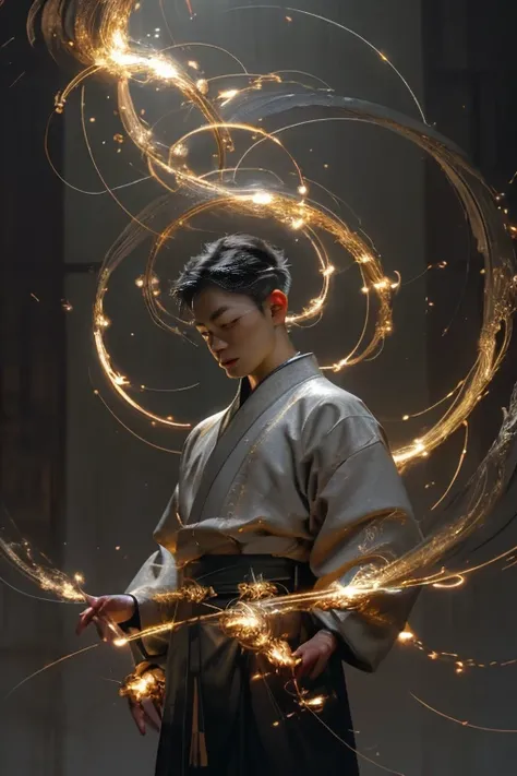 Best quality,masterpiece,ultra high res,solo,1boy, handsome boy ,roujinzhi,Chinese Zen style,impactful picture,translucent and glowing metallic patterns,(glowing metal objects hovering in the air and surrounding him:1.2),(Electric arcs and sparks:1.2),(flo...