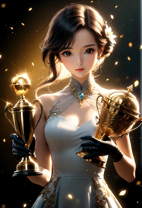 ((Masterpiece in maximum 16K resolution):1.6),((soft_color_photograpy:)1.5), ((Ultra-Detailed):1.4),((Movie-like still images and dynamic angles):1.3). | (cinematic photo of beautiful female with large gold trophy), (large gold trophy), (beautiful female w...