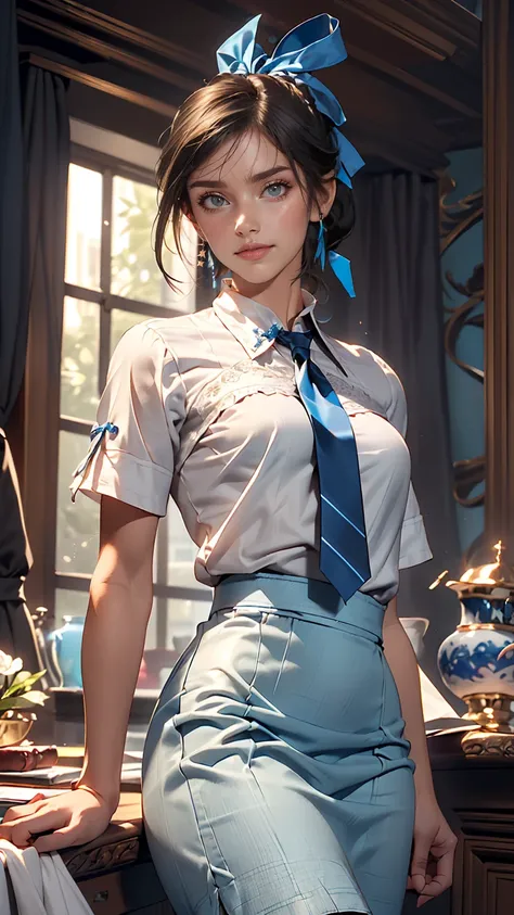 masterpiece, highest quality, High resolution, Very detailed, Detailed Background,(Fraurem Crom, (Black Hair, Semi-long hair, Blue ribbon in ponytail),(White blouse, Blue short ribbon tie, blue long skirt), small, Neat, Iris,study, A kind smile), Scale out...