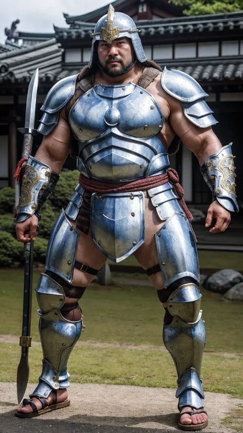 looking at me, face focus, a fat gentle barbarian, he is a japanese, mid combat, ornately made scale mail armor, ornate metal sh...