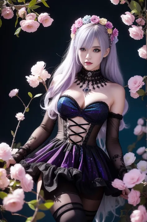 beautiful swedish model who controls poison、lipg-loss、intense makeup、look at the camera、full body Esbian、、sparkling poisoned flower costume、、、、shiny sparkling multicolor hair、secrete poison、skull hair accessories、net tights、shiny sparkling flowers backgrou...