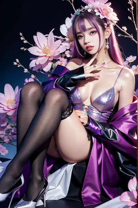 ultra stylish female who controls poison、lip-gloss、intense makeup、look at the camera、full body Esbian、、sparkling poisoned flower costume、、、、shiny sparkling multicolor hair、secrete poison、skull hair accessories、net tights、shiny sparkling flowers background