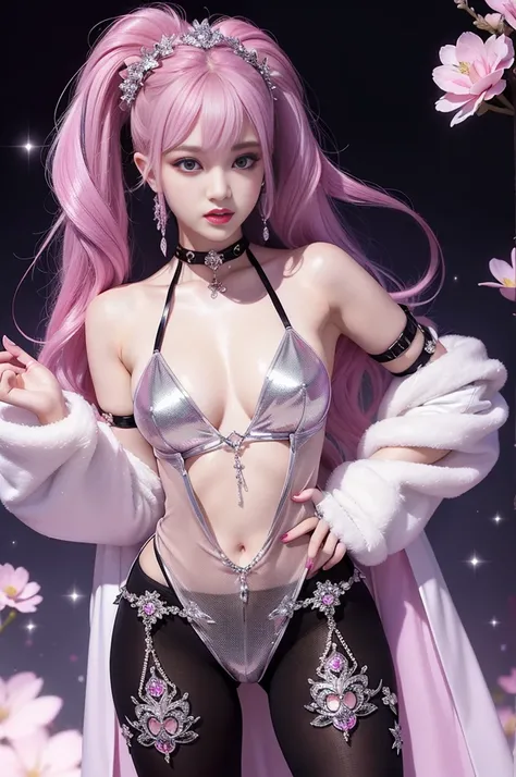 ultra stylish female who controls poison、lip-gloss、intense makeup、look at the camera、full body Esbian、、sparkling poisoned flower costume、、、、shiny sparkling multicolor hair、secrete poison、skull hair accessories、net tights、shiny sparkling flowers background