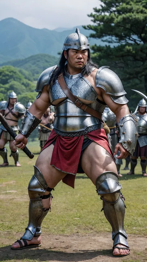 looking at me, face focus, a fat gentle barbarian, he is a asian race, mid combat, ornately made scale mail armor, armored skirt...