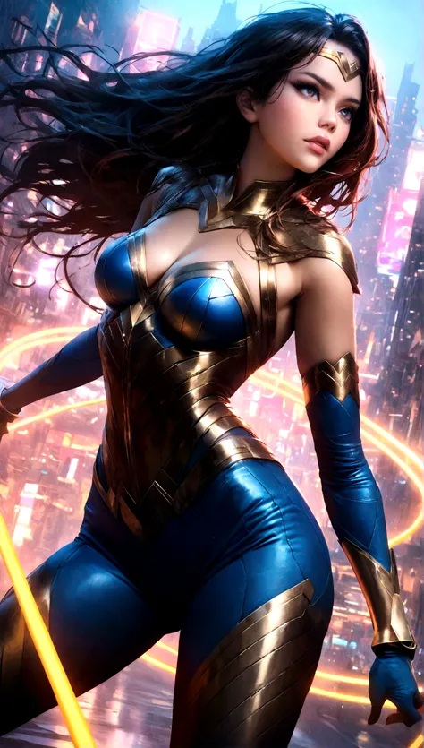 ful body shot, dutch angle, a highly detailed photorealistic portrait of Wonder Woman, beautiful detailed eyes, beautiful detailed lips, extremely detailed face, long eyelashes, futuristic cyberpunk bodysuit, advanced hi-tech technology, with golden lasso ...