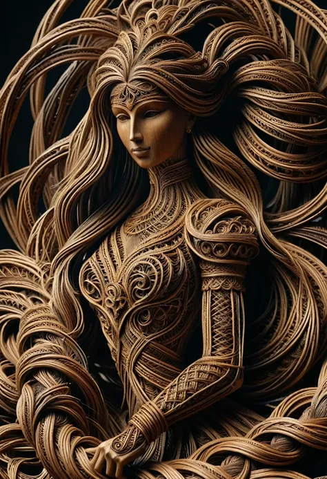 sculpture d'une sublime femme faite en rotin tressés, corps entier, highly detailed rattan, very long hair in dark raffia rope b...