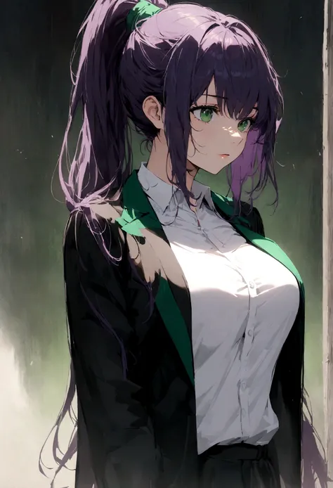 young woman, long straight dark purple hair, high ponytail, few strands of hair at the side of her face sharp emerald green eyes,black jacket, white shirt,  large breast, cowboy shot