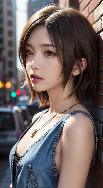 Aya Brea, One girl, 一人in, Crop top jacket, bracelet, necklace, (Possession of a gun), Looking_in_Audience, Realistic, upper_body, (masterpiece:1.2), (highest quality), (Super detailed), (8k, 4K, intricine), (Very detailed:1.2),(Detailed face:1.2), (Urban B...