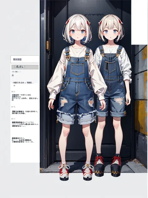 1girl、highest quality、Masterpiece、Official Art、The best composition、Highly detailed CG、High resolution、Disorganized、Standing in front of the viewer、vtuber-fullbody、Milky white short hair、Baggy denim overalls、Platform sneakers、