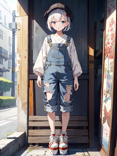 1girl、highest quality、Masterpiece、Official Art、The best composition、Highly detailed CG、High resolution、Disorganized、Standing in front of the viewer、vtuber-fullbody、Milky white short hair、Denim overalls long pants、Platform sneakers、