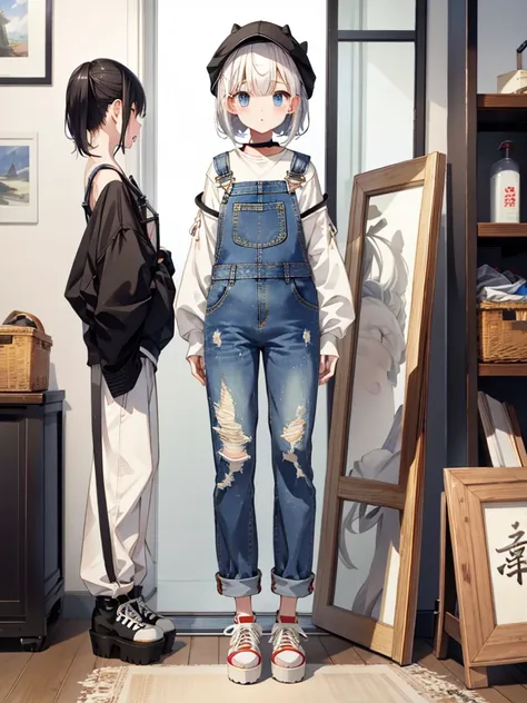 1girl、highest quality、Masterpiece、Official Art、The best composition、Highly detailed CG、High resolution、Disorganized、Standing in front of the viewer、vtuber-fullbody、Milky white short hair、Denim overalls long pants、Platform sneakers、