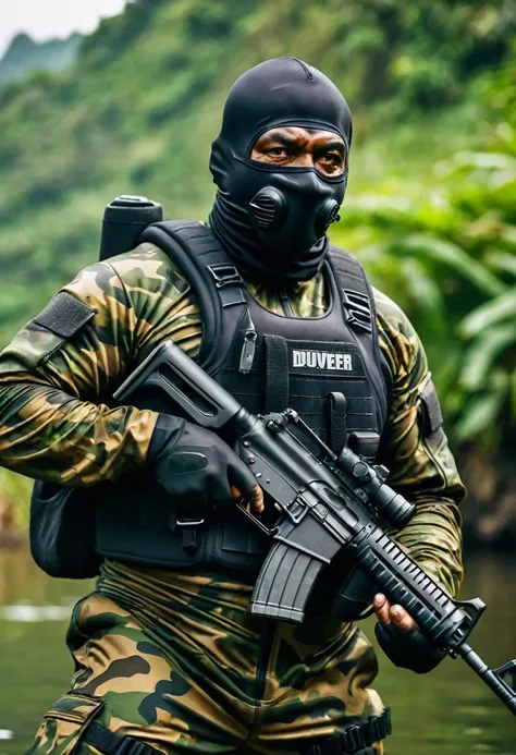 (a dark-skinned bearded fat old man in a bulky camouflage zipper diver suit) shooting with a gun and wearing balaclava mask, muscular, Basuki Abdullah, sumatraism, action, a character portrait, heroic, fierce, snarling