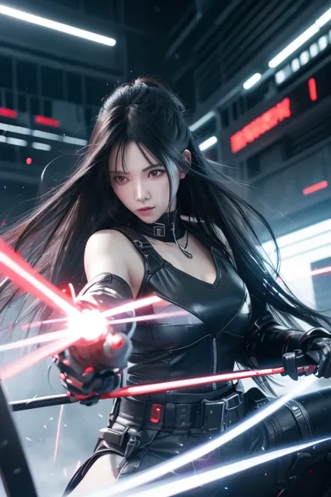 Digital Cyberpunk Art 32k，Complex，Very detailed，Long black hair、Shiny、Wear cyberpunk white, red and blue samurai armor、Japanese women、Medium chest、In front of countless monitors、(katana)、(fighting stance)