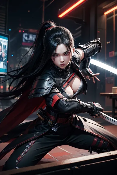 High resolution、8k、Digital Cyberpunk Art、Long black hair、Wearing cyberpunk white and red and samurai armor、Japanese women、Medium chest、In front of countless monitors、(katana)、(fighting stance)