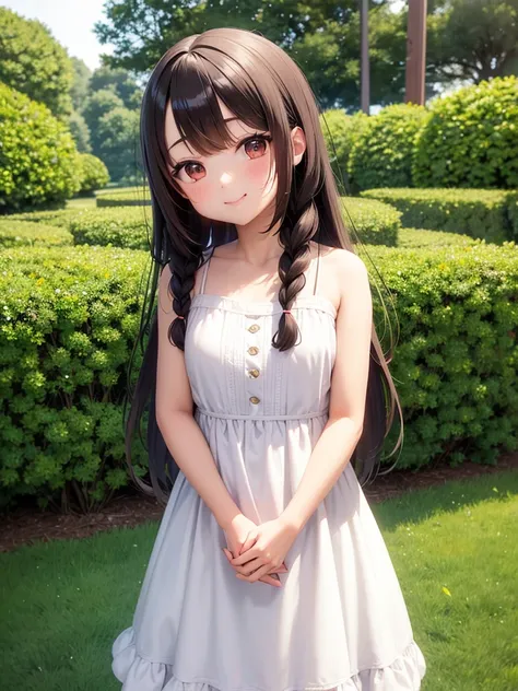 **Anime solid con the park、One Girl、Dark brown hair, long straight, half-up, braided, bangs, big eyes, smiling with mouth closed、White Summer Dress、Holding a black and tan chihuahua