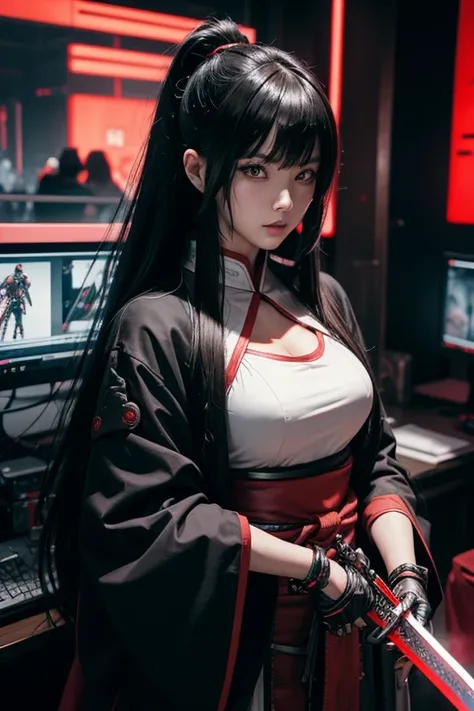 High resolution、8k、Digital Cyberpunk Art、Long black hair、Wearing cyberpunk white and red and samurai armor、Japanese women、Medium chest、In front of countless monitors、(hand holding shining mechanical sword, gripping shining mechanical sword in hand)