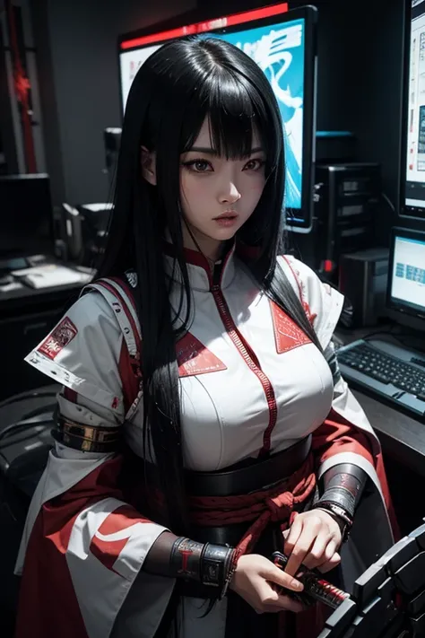 High resolution、8k、Digital Cyberpunk Art、Long black hair、Wearing cyberpunk white and red and samurai armor、Japanese women、Medium chest、In front of countless monitors、(hand holding shining mechanical sword, gripping shining mechanical sword in hand)