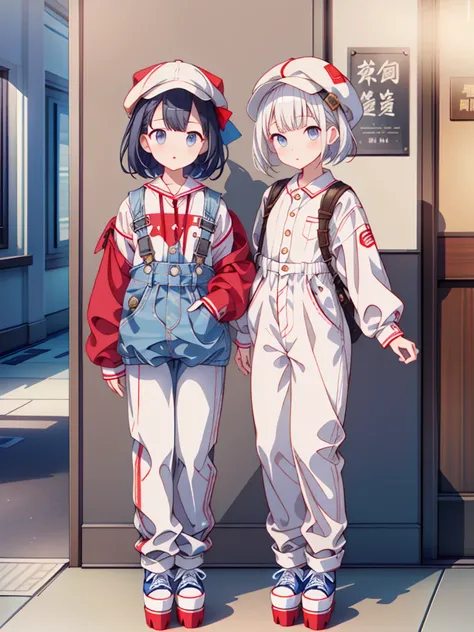 1girl、highest quality、Masterpiece、Official Art、The best composition、最高のHigh resolution、Highly detailed CG、High resolution、Disorganized、Standing in front of the viewer、vtuber-fullbody、Milky white short hair、Newsboy hat、Denim coveralls：Long sleeve　Long trous...