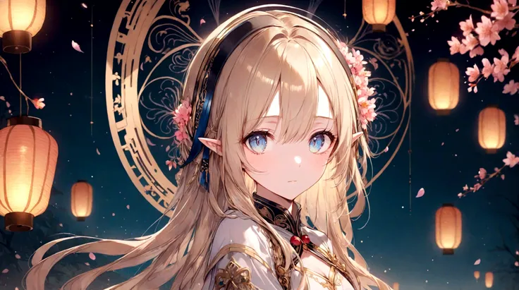 Create an anime-style image of a beautiful young elf woman with long, wavy blonde hair adorned with cherry blossoms. She should be standing in a scenic background filled with blooming cherry blossoms and softly glowing lanterns at dusk. The atmosphere shou...