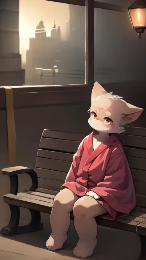 Siamese cat，little boy，fat，Eye，Red bathrobe，Night City，Dim lights，Sitting on a bench，No hair