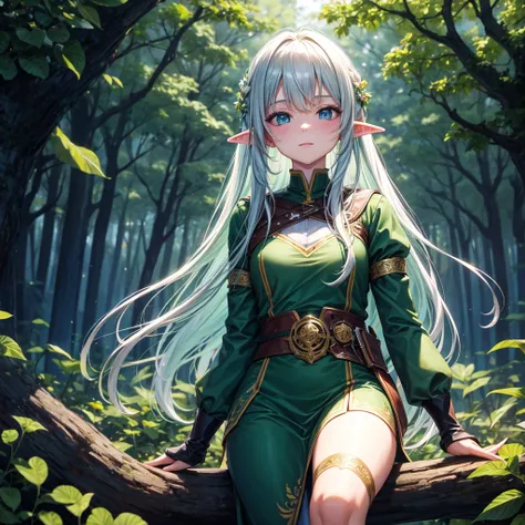 (8k, super details, award winning, high res), anime illustration, two elf girls. One with long silver hair, green eyes. The other with short golden hair, blue eyes, in a green tunic. Set in a magical forest with glowing flowers and ancient trees.