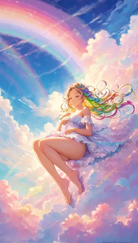 A stunningly ethereal figure, composed of a dazzling array of rainbow hues, reclines gracefully at the end of a radiant rainbow amidst the fluffy clouds in the sky. Bathed in dynamic and enchanting lighting, accentuates her vibrant, full-bodied form. Fanta...