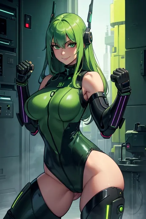 female, blue green long hair, green eyes, (((1girl))), (((dark green sleeveless cybernetic bodysuit))), (cybernetic gauntlets), (cybernetic boots), (black belt), cute and sexy, big breasts, big butt, full body, long legs, smiling