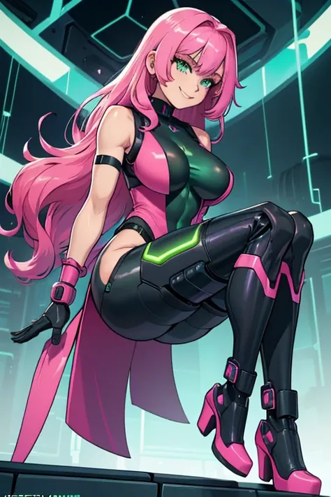 female, blue green long hair, green eyes, (((1girl))), (((dark pink sleeveless cybernetic bodysuit))), (cybernetic gauntlets), (cybernetic boots), (black belt), cute and sexy, big breasts, big butt, full body, long legs, smiling