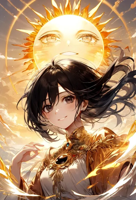 Female, Black Eyes, Black Hair, Smiling, Sun element