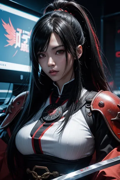 High resolution、8k、Digital Cyberpunk Art、Long black hair、Wearing cyberpunk white and red and samurai armor、Japanese women、Medium chest、In front of countless monitors、(decorated long sword)