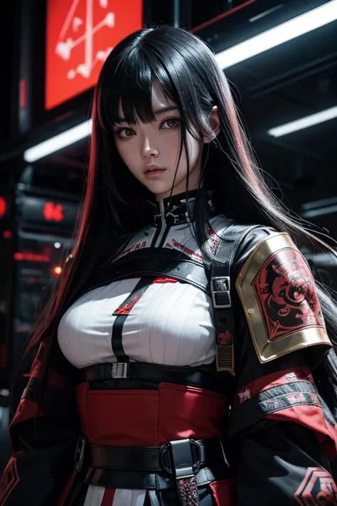 High resolution、8k、Digital Cyberpunk Art、Long black hair、Wearing cyberpunk white and red and samurai armor、Japanese women、Medium chest、In front of countless monitors、(decorated long sword)