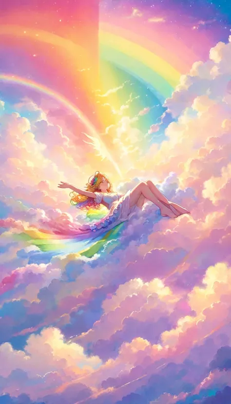 A stunningly ethereal woman, composed of a dazzling array of rainbow hues, reclines gracefully at the end of a radiant rainbow amidst the fluffy clouds in the sky. Bathed in dynamic and enchanting lighting, accentuates her vibrant, full-bodied form. Fantas...