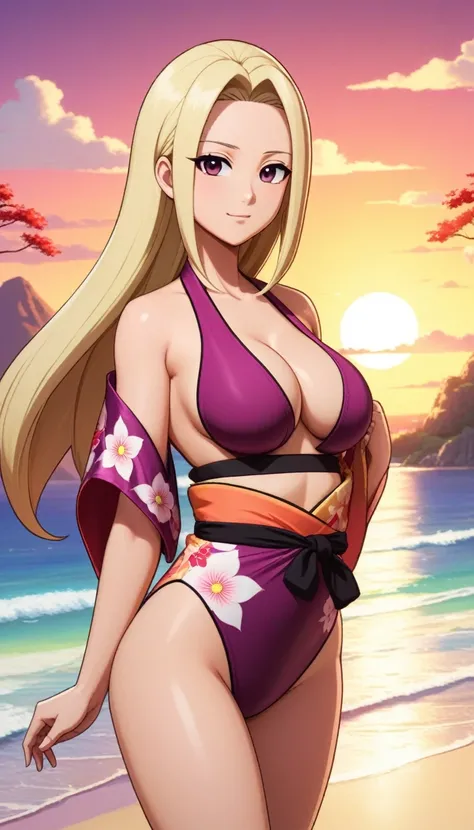 ((ino yamanaka wearing kimono swimsuits)), (big breast), (steven universe style), sexy, half body, beach background, sunset, sexy attire, (high quality), (masterpiece), negative_hand