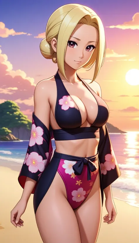 ((ino yamanaka wearing kimono swimsuits)), (big breast), (steven universe style), sexy, half body, beach background, sunset, sexy attire, (high quality), (masterpiece), negative_hand