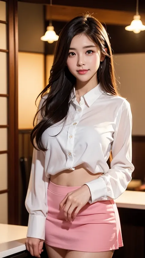 Japanese、beauty、22 years old、Delicate facial features、（Big eyes：1.4）、Brown eyes、The brunette stroked the back of her hair.、Realistic background and accessories、（Big ample breasts:1.4）、（curve）、（Grin）、Captivating Gaze、Office at night、See-through white shirt、...