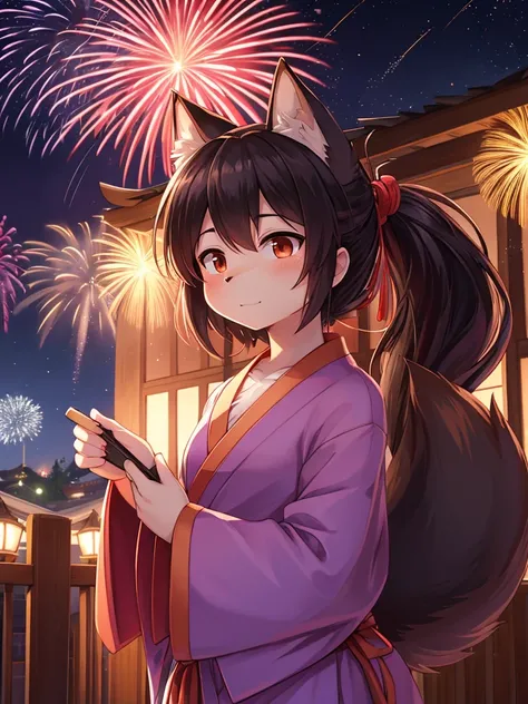 Hallucination, daydream , fantastic , Fear , bokeh , hairy fur , yukata , fox girl , hair tie , Medium hair , up hair , natsu matsuri , Japanese festival , nape , Fireworks display , look away , Fanning