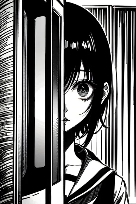 Girl with short black hair and bangs scared, manga page with panels and dialogue 