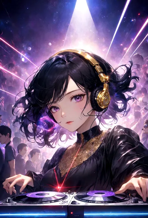 ,Put on your headphones,(Black Hair Girl),,DJ,DJ Booth、Riding the music、club、((Night Live House、Red laser light、Blue laser light、random laser point、Virtual space、Golden laser beam、Purple laser light、DJ、Live Stage))