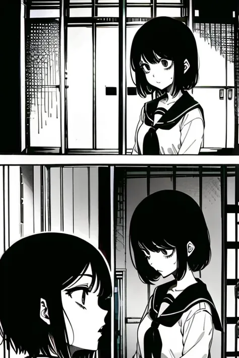 girl with short black hair and bangs depressed and sitting in a corner, full body shots, manga page with panels and dialogue