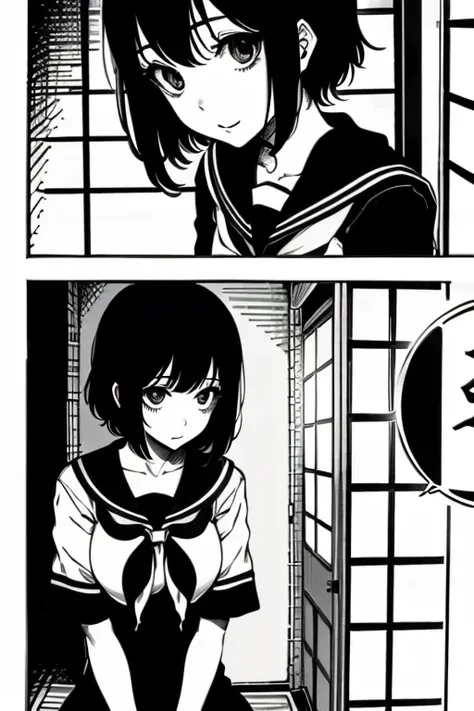 Girl with short black hair and bangs depressed and sitting in a corner, full body shots, manga page with panels and dialogue 