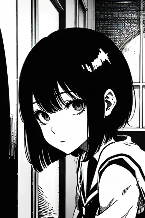 girl with short black hair and bangs sitting in a corner with head down, full body shots, manga page with panels and dialogue