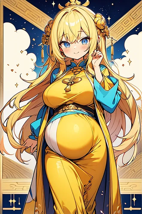 anime style Images for all ages,
golden pregnant girl wearing smock,
Auspicious and congratulatory color costumes, congratulations on pregnancy!