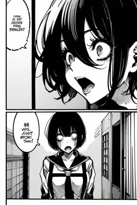 Girl with short black hair and bangs screaming in pain, manga page with panels and dialogue 