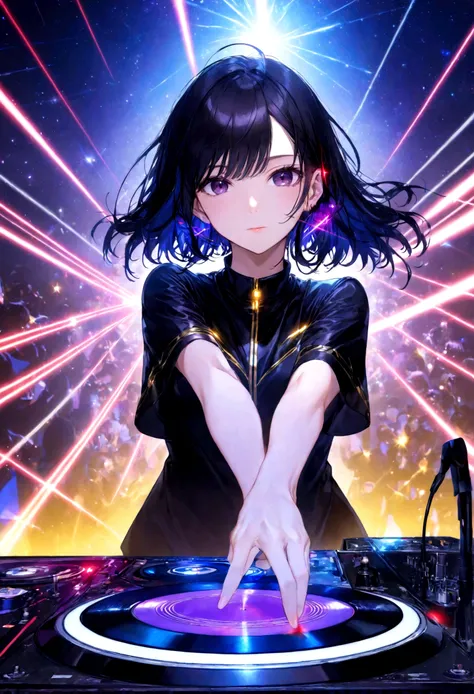 ,Put on your headphones,(Black Hair Girl),,DJ,DJ Booth、Riding the music、club、((Night Live House、Red laser light、Blue laser light、random laser point、Virtual space、Golden laser beam、Purple laser light、DJ、Live Stage))