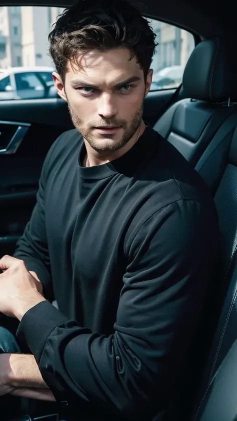 a close up of a person in a car with a black shirt, Jamie Dornan headshot profile picture, wan adorable face, young handsome man, looking at the camera, 8k realistic photo of actor with sharp eyes with sharp jaw line