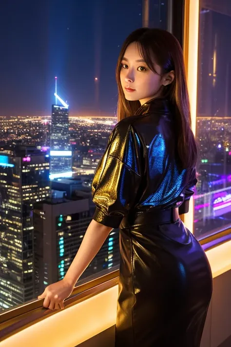 highest quality、Golden neon future city、A woman&#39;s back view watching from high up、Night view、8k