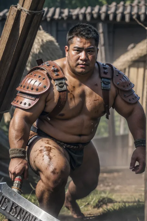 looking at me, face focus, a fat gentle barbarian, He is a Japanese barbarian, mid combat, legs exposed from thighs to feet, heavy fur and iron armor, A battle axe in hand, intense battle scene, fierce, battleground background, masterpiece, volumetric ligh...