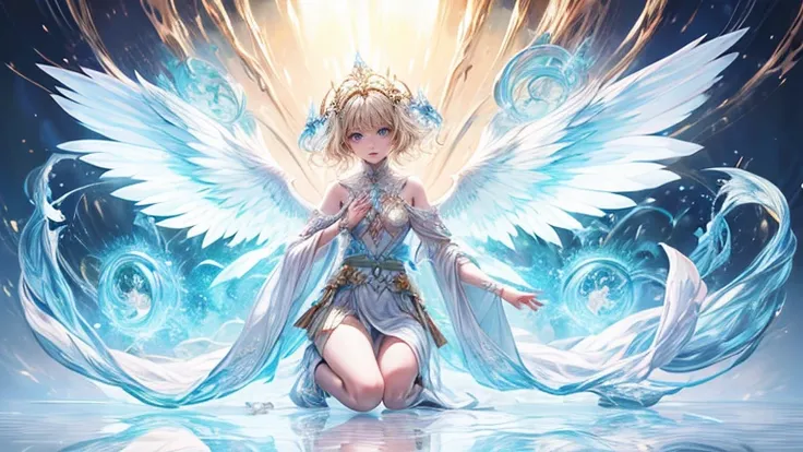 (Top quality), (Super detail), (Hi-res) Goddess angel girl, Archangel Rafael Blessing, 6 angel wings, white multicolored short wavy blonde hair, floating hair, emit light green eyes, beautiful detailed eyes, light white skin, tantra gorgeous white Goddess ...